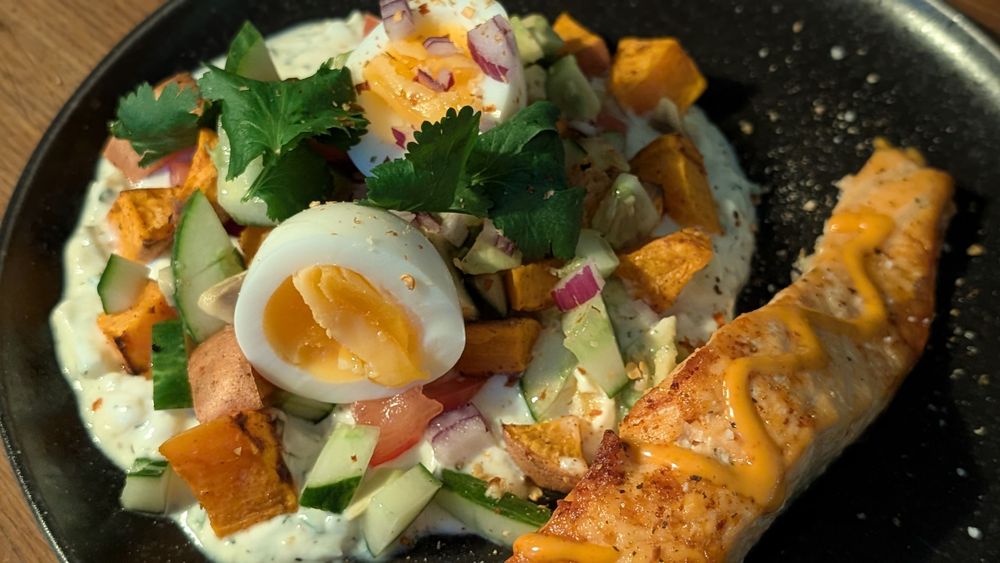 Creamy Salmon, Egg and Sweet Potato Salad